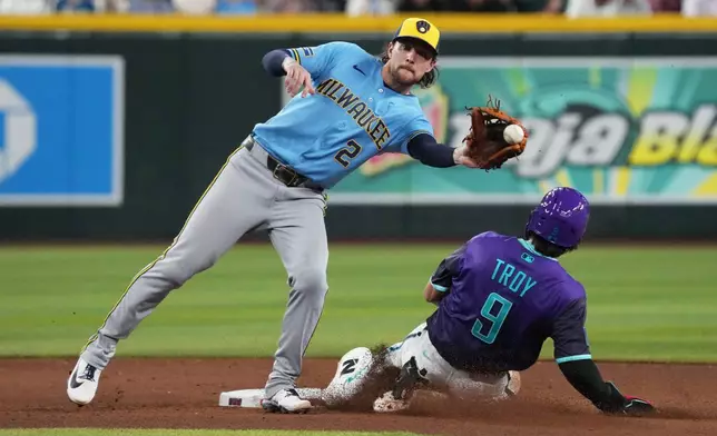 Arizona Diamondbacks' Tommy Troy (9) steals second base under the tag by Milwaukee Brewers second baseman Brice Turang in the seventh inning of a baseball game, Friday, July 3, 2026, in Phoenix. (AP Photo/Rick Scuteri)