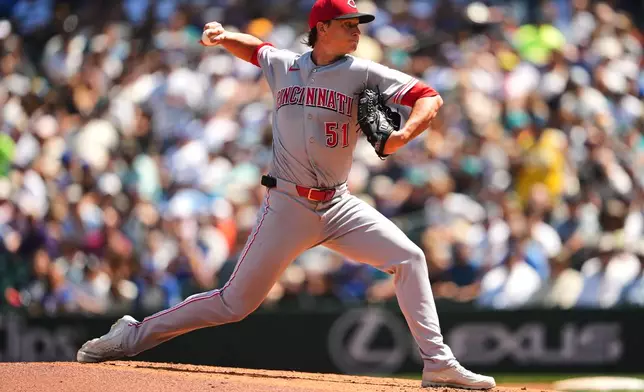 Cincinnati Reds starting pitcher Brady Singer throws against the Seattle Mariners during the fourth inning of a baseball game, Wednesday, July 22, 2026, in Seattle. (AP Photo/Lindsey Wasson)