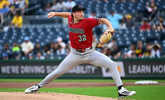 Arizona Diamondbacks pitcher Brandon Pfaadt delivers during the first inning of a baseball game against the Pittsburgh Pirates in Pittsburgh, Tuesday, July 28, 2026. (AP Photo/Justin Berl)