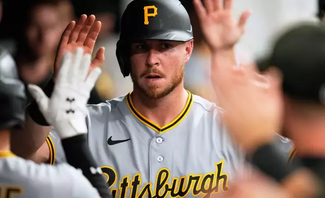 Pittsburgh Pirates' Ryan O'Hearn is congratulated in the dugout after scoring in the second inning of the second baseball game of a split doubleheader against the Cleveland Guardians in Cleveland, Saturday, June 18, 2026. (AP Photo/Sue Ogrocki)