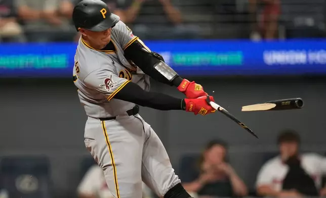 Pittsburgh Pirates' Rafael Flores Jr. breaks his bat hitting a foul ball in the second inning of the second baseball game of a split doubleheader against the Cleveland Guardians in Cleveland, Saturday, June 18, 2026. (AP Photo/Sue Ogrocki)