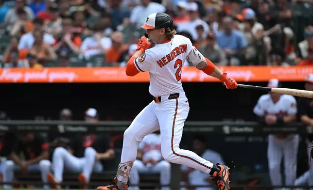 Baltimore Orioles' Gunnar Henderson follows through on a single against the Kansas City Royals in the first inning of a baseball game Sunday, July 12, 2026, in Baltimore, Md. (AP Photo/Gail Burton)