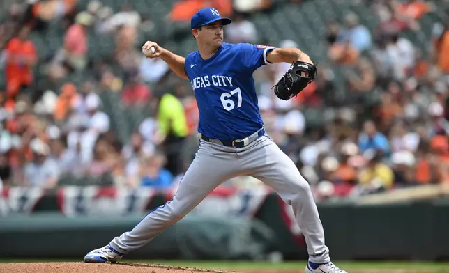 Kansas City Royals pitcher Seth Lugo throws against the Baltimore Orioles in the first inning of a baseball game Sunday, July 12, 2026, in Baltimore, Md. (AP Photo/Gail Burton)