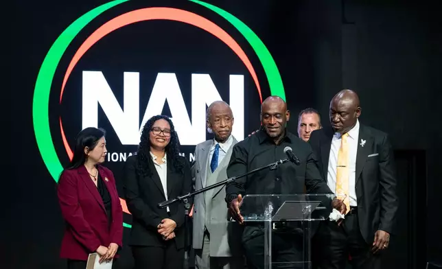 Elmore Wonsley, father of Nolan Xavier Wells, speaks during a news conference at National Action Network headquarters, Friday, July 10, 2026, in New York. (AP Photo/Yuki Iwamura)