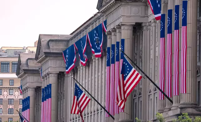 The Commerce Department is decorated for the Fourth of July celebration, Thursday, July 2, 2026, in Washington. (AP Photo/Alex Brandon)