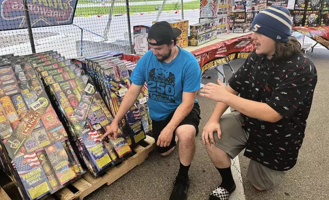 Joe Fuqua-Bejarano, left, and his brother, Blake, manage Jake’s Fireworks stand on Tuesday, June 30, 2026, in Topeka, Kan. (AP Photo/John Hanna)