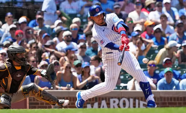 Chicago Cubs' Miguel Amaya hits a two-run single during the third inning of a baseball game against the San Diego Padres in Chicago, Wednesday, July 1, 2026. (AP Photo/Nam Y. Huh)