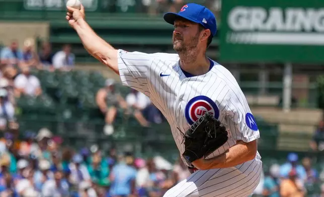 Chicago Cubs starting pitcher Colin Rea throws against the San Diego Padres during the first inning of a baseball game in Chicago, Wednesday, July 1, 2026. (AP Photo/Nam Y. Huh)