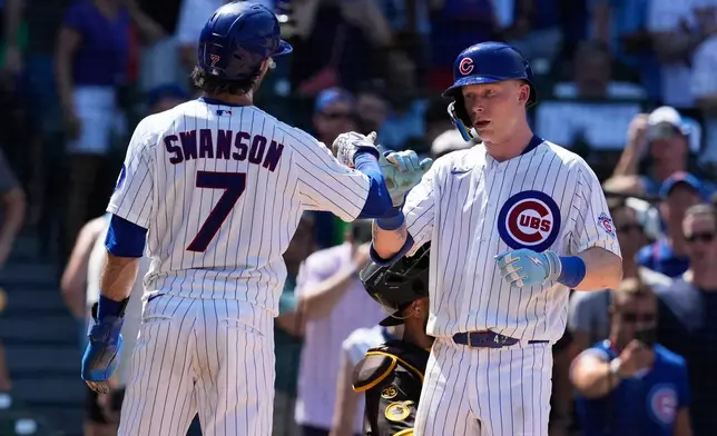 Chicago Cubs' Pete Crow-Armstrong, right, celebrates with Dansby Swanson after hitting a three-run home run during the fifth inning of a baseball game against the San Diego Padres in Chicago, Wednesday, July 1, 2026. (AP Photo/Nam Y. Huh)