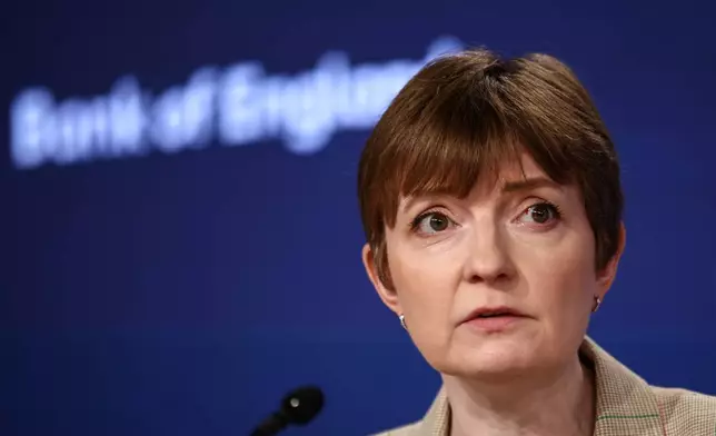 Bank of England (BoE) Deputy Governor Clare Lombardelli speaks during the Monetary Policy Report press conference in London, Thursday, July 30, 2026. (Henry Nicholls/Pool Photo via AP)