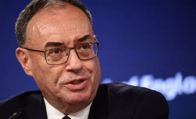 Bank of England (BoE) Governor Andrew Bailey speaks during the Monetary Policy Report press conference in London, Thursday, July 30, 2026. (Henry Nicholls/Pool Photo via AP)