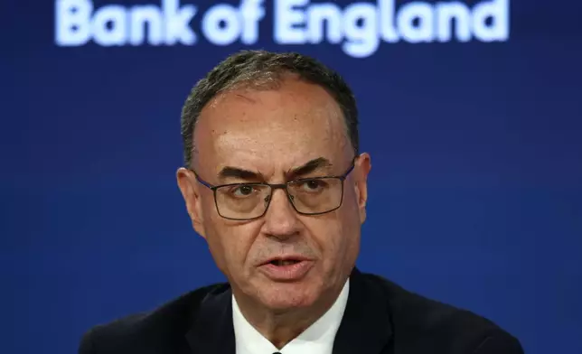 Bank of England (BoE) Governor Andrew Bailey speaks during the Monetary Policy Report press conference in London, Thursday July 30, 2026. (Henry Nicholls/Pool Photo via AP)