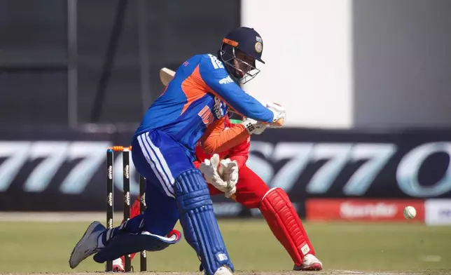 India's batsman Vaibhav Sooryavanshi plays a shot during the third T20 cricket match between Zimbabwe and India in Harare, Zimbabwe, Sunday, July 26, 2026. (AP Photo/Wonder Mashura)