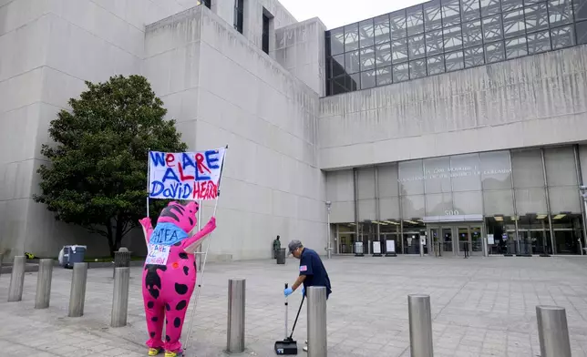 Nadine Seiler arrives in an inflatable frog costume, to support former Olympic canoeist David Hearn, who was indicted by a grand jury for allegedly damaging the Lincoln Memorial Reflecting Pool, before he arrives at D.C. Superior Court, Thursday, July 9, 2026, in Washington. (AP Photo/Rod Lamkey, Jr.)