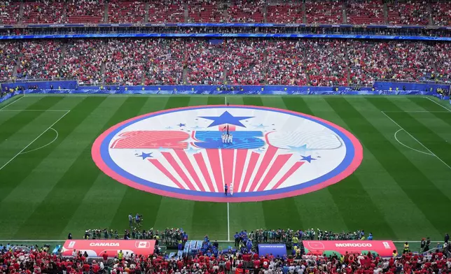 A banner commemorating the 250 years since the founding of the United States is seen before the World Cup round of 16 soccer match between Canada and Morocco in Houston, Saturday, July 4, 2026. (AP Photo/Eric Smith