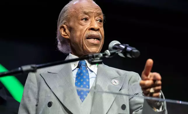 The Rev. Al Sharpton speaks during a news conference with Christine and Elmore Wonsley, parents of Nolan Xavier Wells, at National Action Network headquarters, Friday, July 10, 2026, in New York. (AP Photo/Yuki Iwamura)