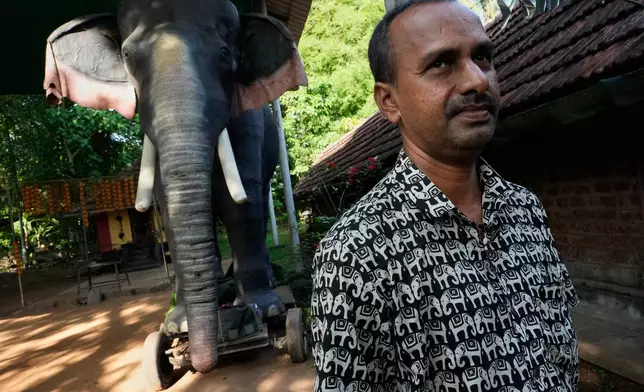 Rajkumar Namboothiri, the temple's head priest, stands next to the robotic elephant Irinjadapilly Raman at the Irinjadapilly Sree Krishna Temple in Thrissur, in the southern Indian state of Kerala, Friday, May 22, 2026. (AP Photo/Aijaz Rahi)