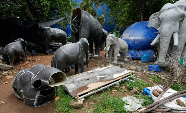 Unfinished robotic elephants lie in a backyard workshop in Chalakudy, in the southern Indian state of Kerala, Friday, May 22, 2026. (AP Photo/Aijaz Rahi)