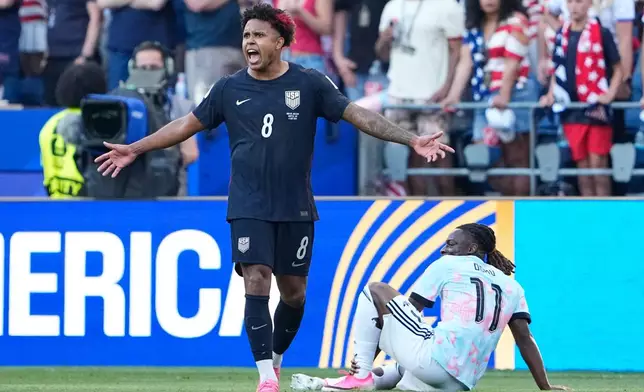 United States' Weston McKennie (8) reacts during the World Cup round of 16 soccer match between the United States and Belgium in Seattle, Monday, July 6, 2026. (AP Photo/Lindsey Wasson)