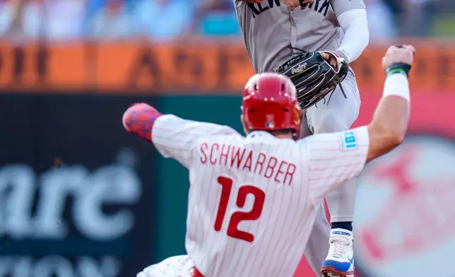 New York Yankees shortstop Jose Caballero, right, turns the double play as he gets the force out of Philadelphia Phillies' Kyle Schwarber, left, during the third inning of a baseball game, Saturday, July 25, 2026, in Philadelphia. (AP Photo/Chris Szagola)