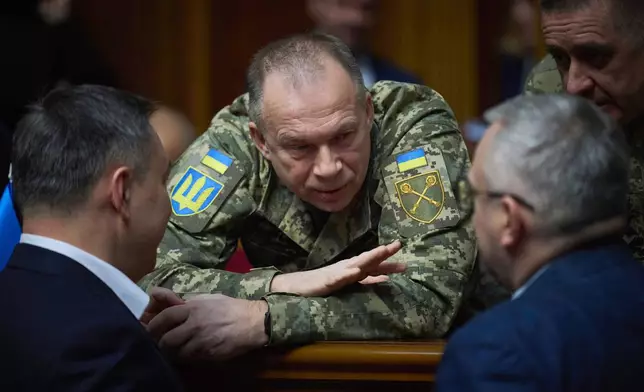 FILE - In this photo provided by the Press Service Of The President Of Ukraine on Nov. 19, 2024, Gen. Oleksandr Syrskyi speaks to parliamentarians at Verkhovna Rada in Kyiv, Ukraine. (Press Service Of The President Of Ukraine via AP, File)