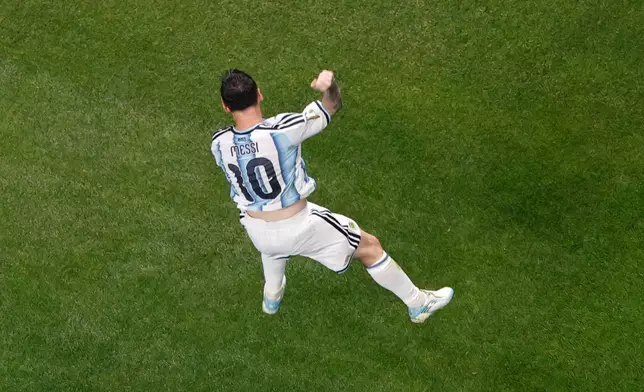 Argentina's Lionel Messi celebrates after scoring his side's second goal during the World Cup round of 16 soccer match between Argentina and Egypt in Atlanta, Tuesday, July 7, 2026. (AP Photo/Butch Dill)