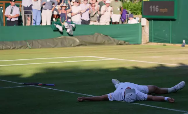 Arthur Fery of Britain reacts after winning against Zizou Bergs of Belgium in their third round men's singles match at the Wimbledon Tennis Championships in London, Saturday, July 4, 2026. (AP Photo/Brian Inganga)