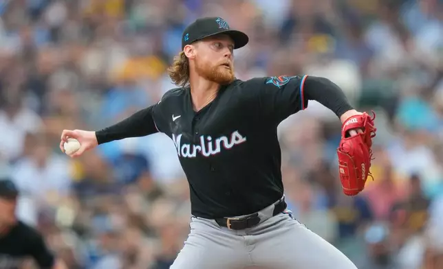 Miami Marlins pitcher Max Meyer throws during the second inning of a baseball game against the Milwaukee Brewers, Saturday, July 18, 2026, in Milwaukee. (AP Photo/Kayla Wolf)