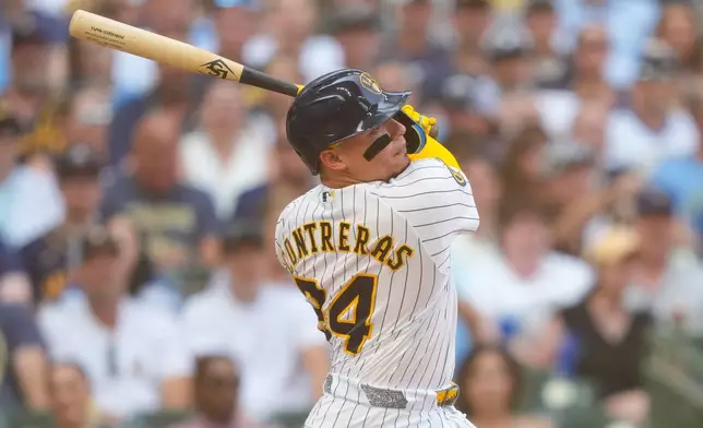Milwaukee Brewers' William Contreras hits an RBI double allowing Jackson Chourio to score during the third inning of a baseball game against the Miami Marlins Saturday, July 18, 2026, in Milwaukee. (AP Photo/Kayla Wolf)