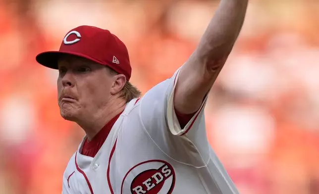 Cincinnati Reds pitcher Andrew Abbott throws during the third inning of a baseball game against the Philadelphia Phillies in Cincinnati, Tuesday, July 7, 2026. (AP Photo/Carolyn Kaster)