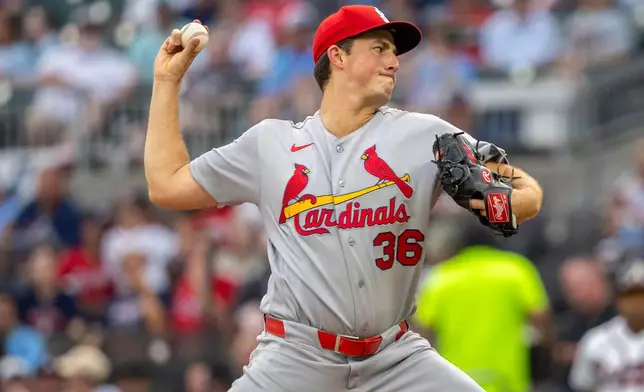St. Louis Cardinals Michael McGreevy (36) throws a pitch during the first inning of a baseball game against the Atlanta Braves Wednesday, July 1, 2026, in Atlanta. (AP Photo/Erik Rank)
