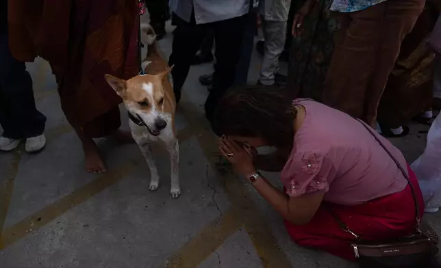 A woman bows as she greets Bhikkhu Pannakara, a Buddhist monk who led the 2,300-mile Walk for Peace from Fort Worth, Texas, to Washington, D.C., and his dog, Aloka, at an event at Wat Thai of Los Angeles in the North Hollywood section of Los Angeles, Monday, July 13, 2026. (AP Photo/Jae C. Hong)