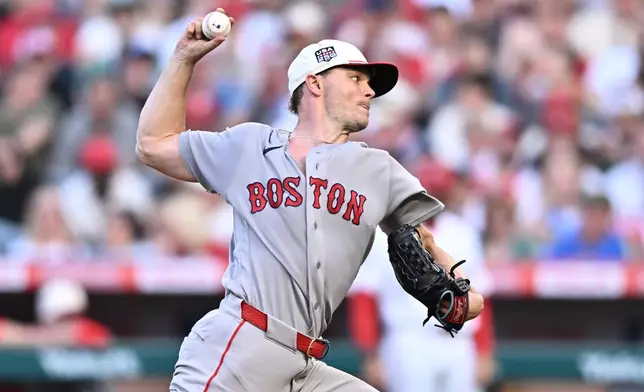Boston Red Sox pitcher Sonny Gray delivers during the first inning of a baseball game against the Los Angeles Angels, Saturday, July 4, 2026, in Anaheim, Calif. (AP Photo/William Liang)
