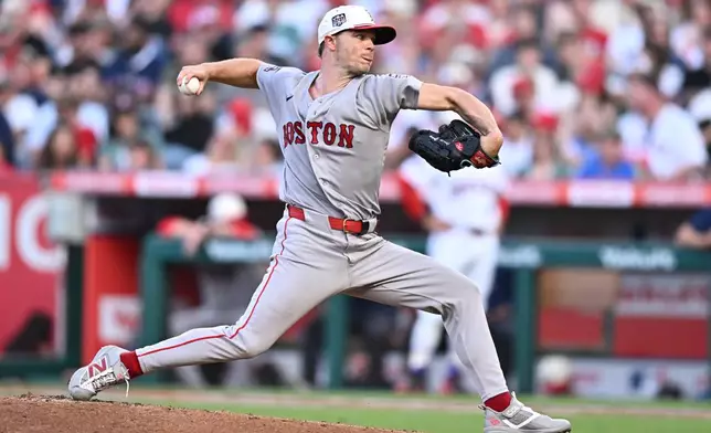 Boston Red Sox pitcher Sonny Gray delivers during the first inning of a baseball game against the Los Angeles Angels, Saturday, July 4, 2026, in Anaheim, Calif. (AP Photo/William Liang)