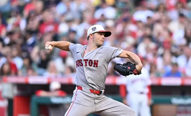 Boston Red Sox pitcher Sonny Gray delivers during the first inning of a baseball game against the Los Angeles Angels, Saturday, July 4, 2026, in Anaheim, Calif. (AP Photo/William Liang)