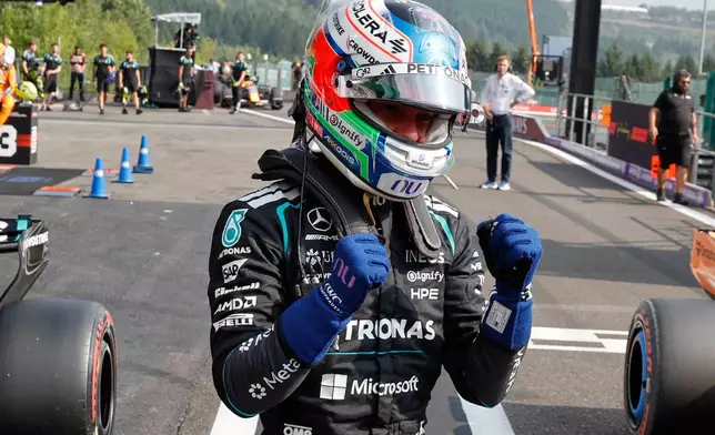Mercedes driver Andrea Kimi Antonelli of Italy celebrates after qualifying for pole position ahead of the Formula One Grand Prix at the Spa-Francorchamps racetrack in Spa, Belgium, Saturday, July 18, 2026. (AP Photo/Geert Vanden Wijngaert)