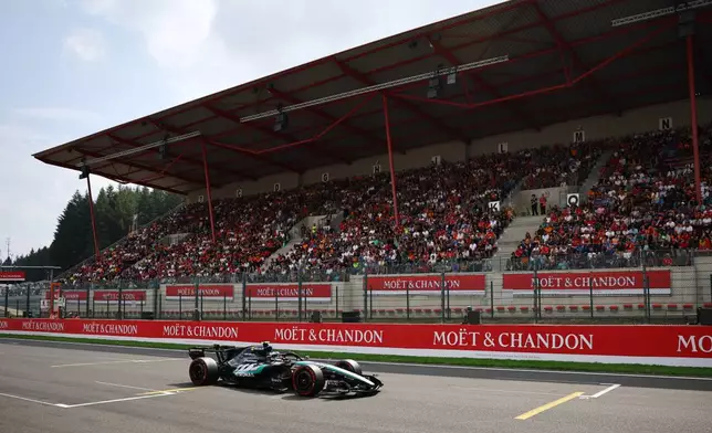Mercedes driver Andrea Kimi Antonelli of Italy steers his car during the qualifying session ahead of the Formula One Grand Prix at the Spa-Francorchamps racetrack in Spa, Belgium, Saturday, July 18, 2026. (Sarah Meyssonnier, Pool Photo via AP)