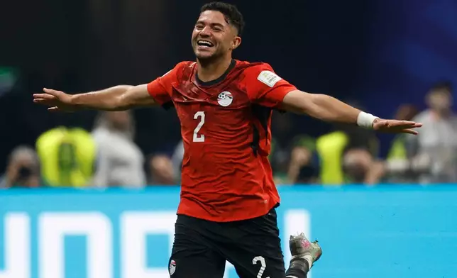 Egypt's Yasser Ibrahim (2) celebrates scoring his side's opening opening goal during the World Cup round of 16 soccer match between Argentina and Egypt in Atlanta, Tuesday, July 7, 2026 (AP Photo/Erik S. Lesser)