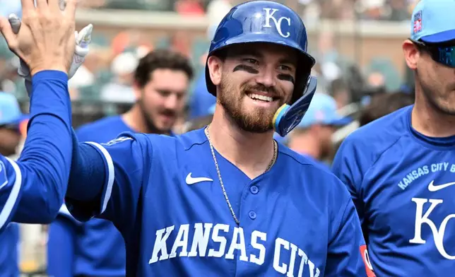 Kansas City Royals' Nick Loftin is congratulated after hitting a home run during the ninth inning of a baseball game against the Detroit Tigers, Saturday, July 25, 2026, in Detroit. (AP Photo/Jose Juarez)