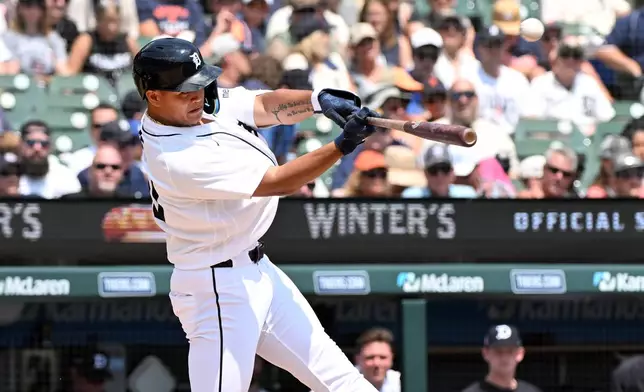 Detroit Tigers' Hao-Yu Lee hits a home run during the fourth inning of a baseball game against the Kansas City Royals, Saturday, July 25, 2026, in Detroit. (AP Photo/Jose Juarez)