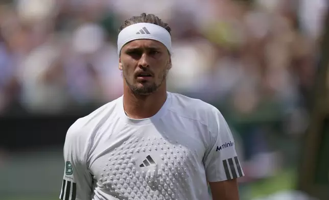 Alexander Zverev of Germany reacts after a point against Arthur Fery of Britain in their men's singles semifinal match at the Wimbledon Tennis Championships in London, Friday, July 10, 2026. (AP Photo/Brian Inganga)