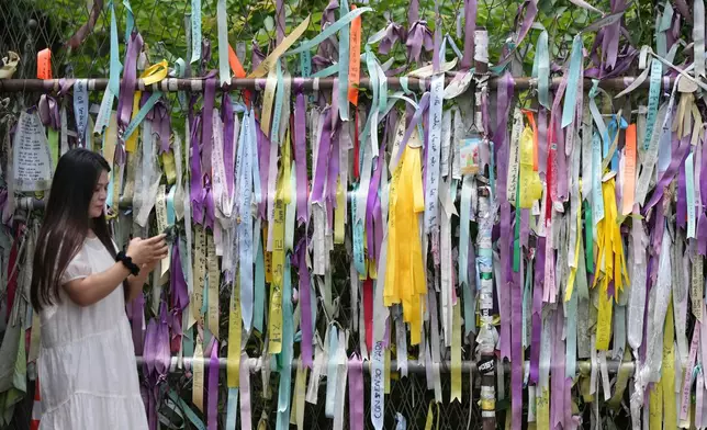 A visitor looks at her smartphone near the wire fence decorated with ribbons written with messages wishing for the reunification of the two Koreas and visitors' wish at the Imjingak Pavilion in Paju, South Korea, Saturday, July 4, 2026. (AP Photo/Lee Jin-man)
