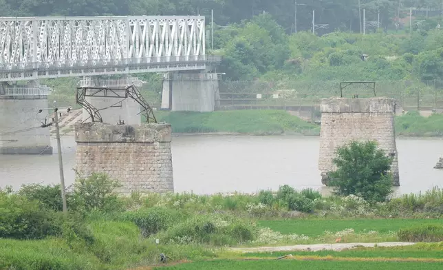 A bridge that was destroyed during the Korean War, is seen in Paju, South Korea, Saturday, July 4, 2026. (AP Photo/Lee Jin-man)