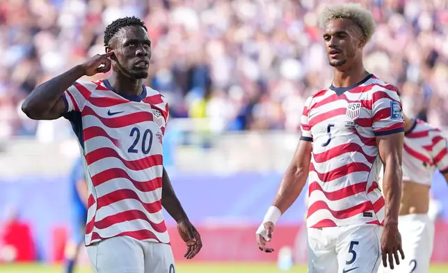United States' Folarin Balogun (20) reacts after scoring his team's first goal during the World Cup round of 32 soccer match between the United States and Bosnia in Santa Clara, Calif., near San Francisco, Wednesday, July 1, 2026. (AP Photo/Julio Cortez)