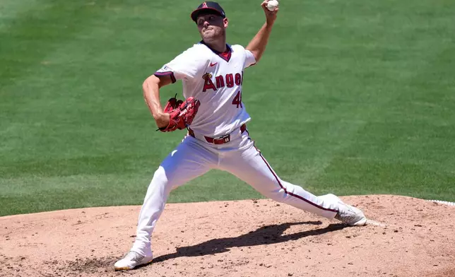 Los Angeles Angels starting pitcher Reid Detmers throws to the plate during the third inning of a baseball game against the St. Louis Cardinals, Wednesday, July 22, 2026, in Anaheim, Calif. (AP Photo/Mark J. Terrill)