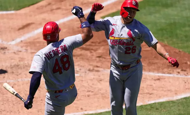 St. Louis Cardinals' JJ Wetherholt, right, is congratulated by Iván Herrera after hitting a solo home run during the sixth inning of a baseball game against the Los Angeles Angels, Wednesday, July 22, 2026, in Anaheim, Calif. (AP Photo/Mark J. Terrill)