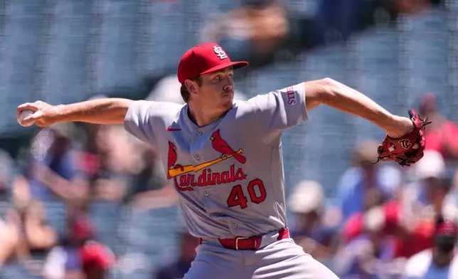 St. Louis Cardinals starting pitcher Hunter Dobbins throws to the plate during the first inning of a baseball game against the Los Angeles Angels, Wednesday, July 22, 2026, in Anaheim, Calif. (AP Photo/Mark J. Terrill)