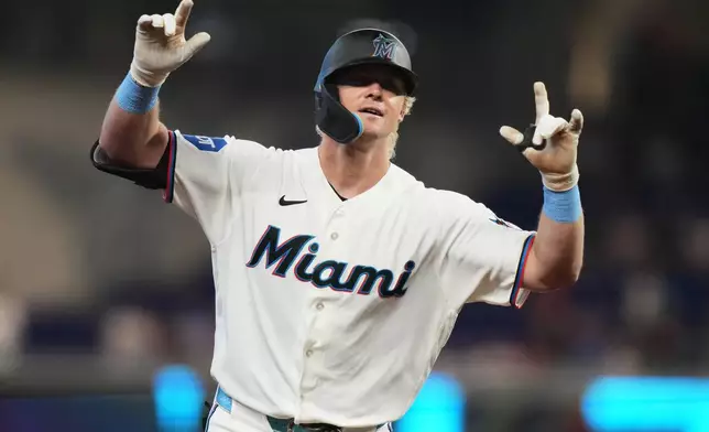 Miami Marlins' Kyle Stowers runs the bases after hitting a solo home run during the first inning of a baseball game against the Philadelphia Phillies, Tuesday, July 28, 2026, in Miami. (AP Photo/Lynne Sladky)