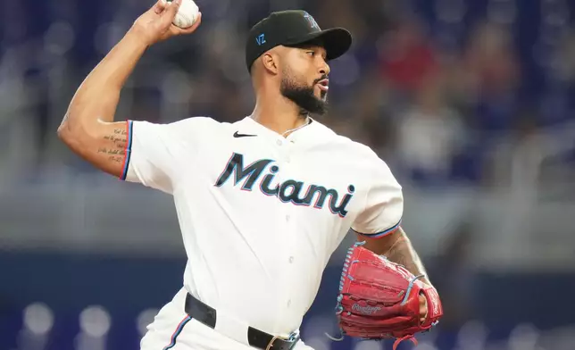 Miami Marlins starting pitcher Sandy Alcantara throws during the first inning of a baseball game against the Philadelphia Phillies, Tuesday, July 28, 2026, in Miami. (AP Photo/Lynne Sladky)