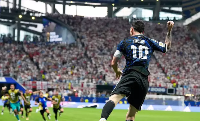 Argentina's Lionel Messi celebrates after teammate Lautaro Martinez scored their side's second goal during the World Cup semifinal soccer match between England and Argentina in Atlanta, Wednesday, July 15, 2026. (AP Photo/Rebecca Blackwell)